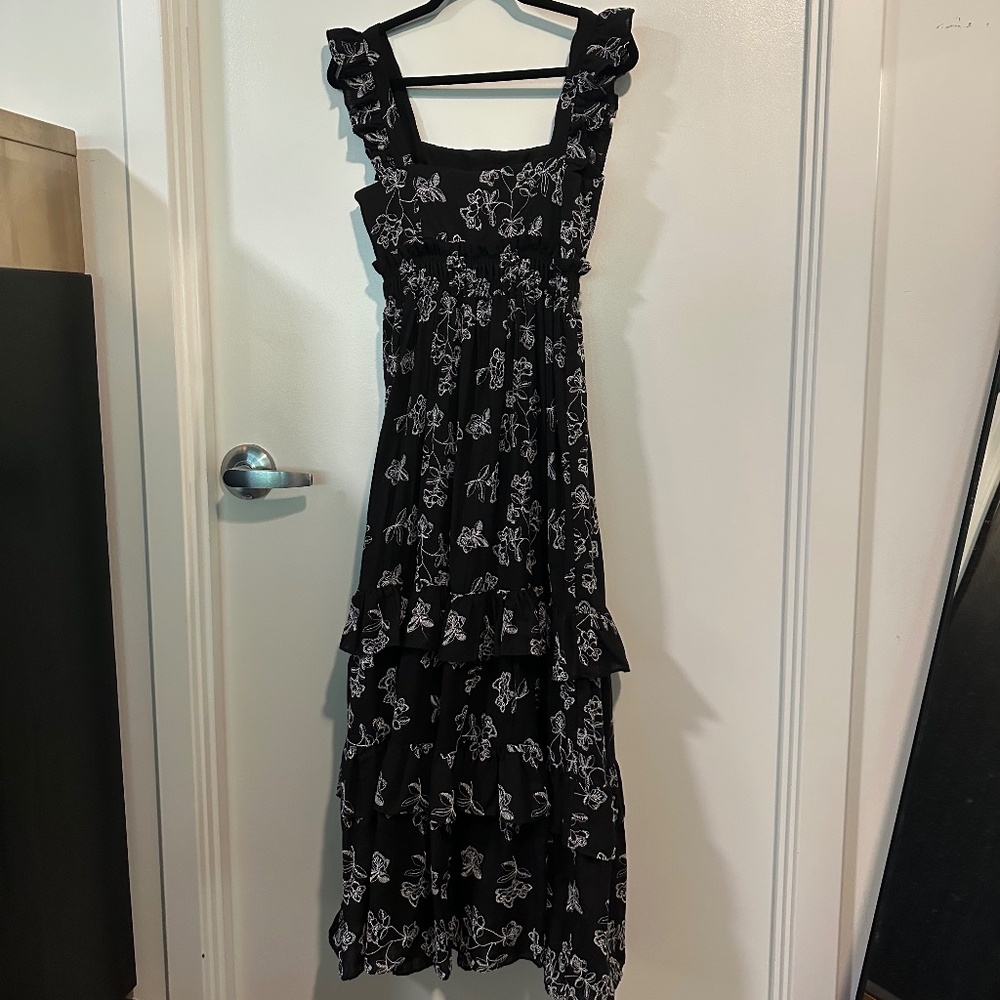 Especia Embroidered Floral Maxi Dress Ruffles Trim Anthropologie Navy - Picture 9 of 10